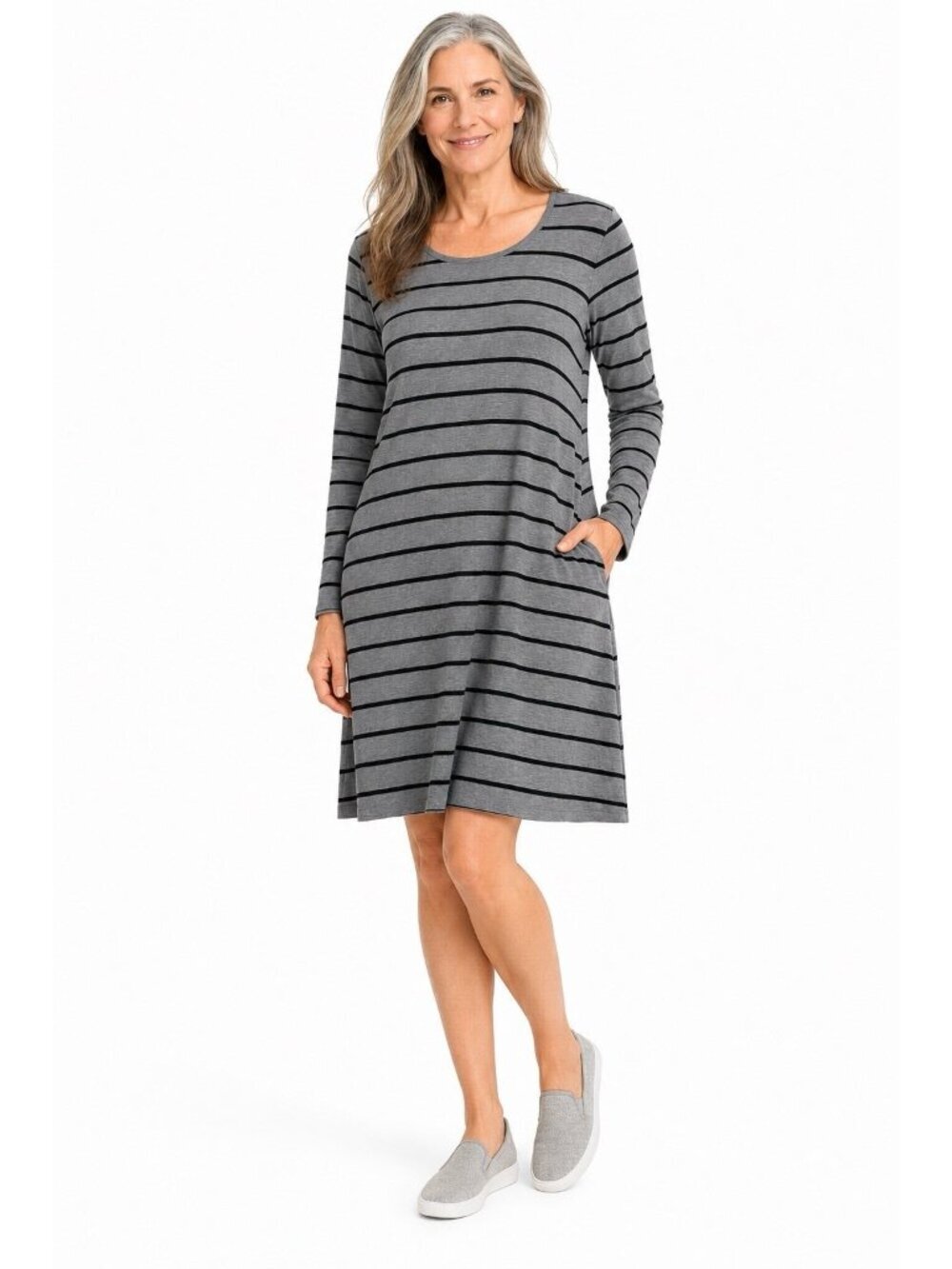 J JILL t shirt dress gray plus 1X striped casual pockets knit boat neck preppy